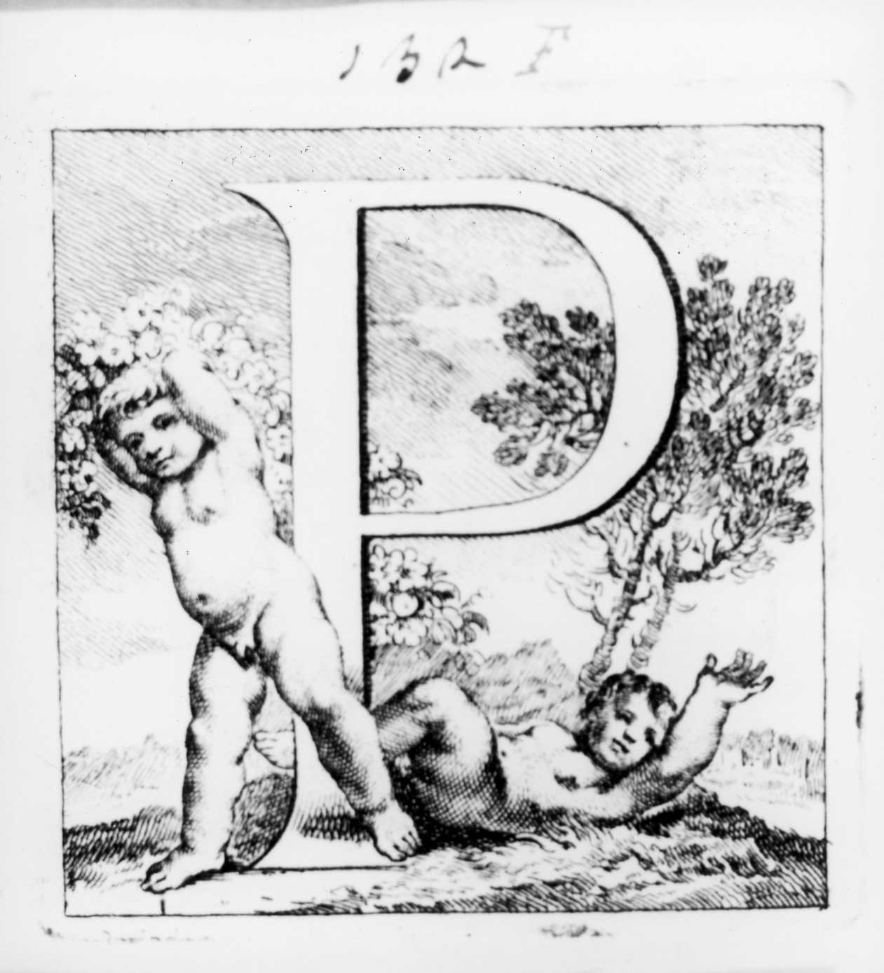 Iniziale istoriata con putti, lettera iniziale istoriata (stampa, serie) di Piazzetta Giovanni Battista (sec. XVIII)