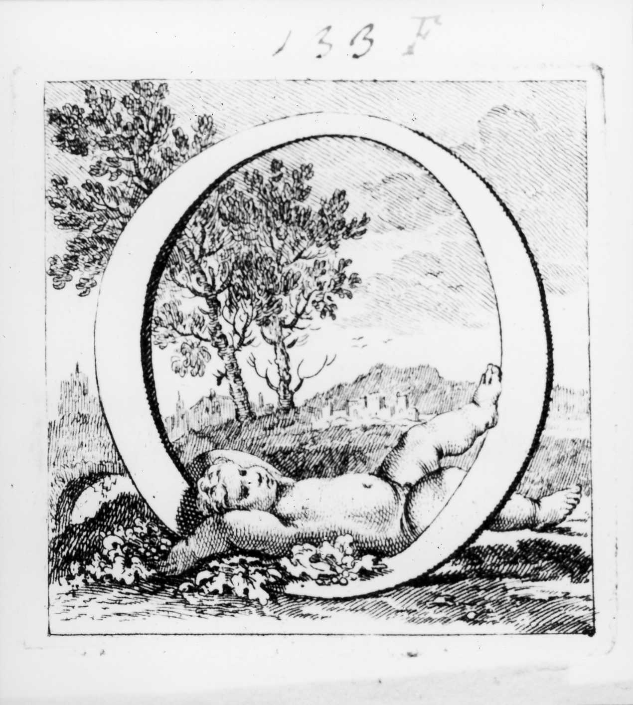 Iniziale istoriata con putto, lettera iniziale istoriata (stampa, serie) di Piazzetta Giovanni Battista (sec. XVIII)