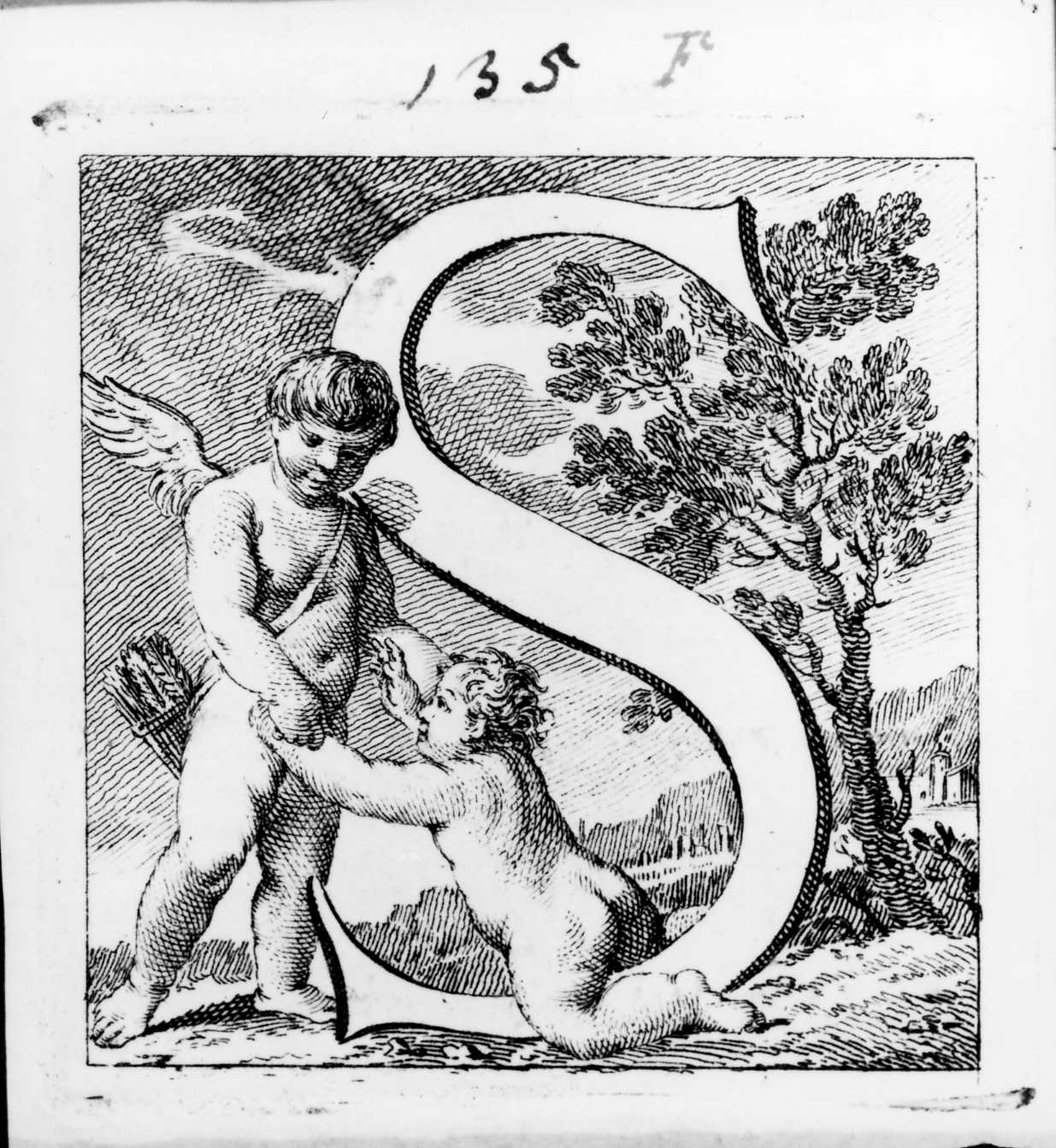 Iniziale istoriata con putto e amorino, lettera iniziale istoriata (stampa, serie) di Piazzetta Giovanni Battista (sec. XVIII)
