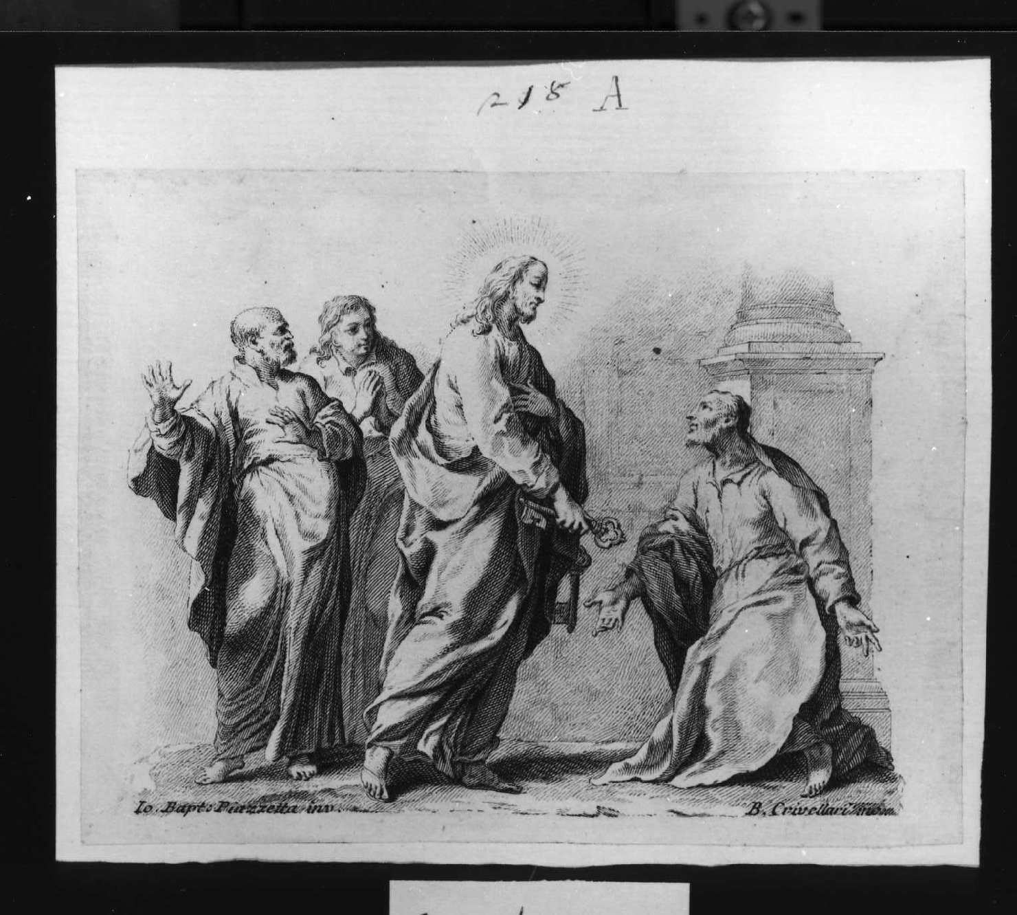 Cristo consegna le chiavi a San Pietro (stampa smarginata, serie) di Piazzetta Giovanni Battista, Crivellari Bartolomeo (sec. XVIII)