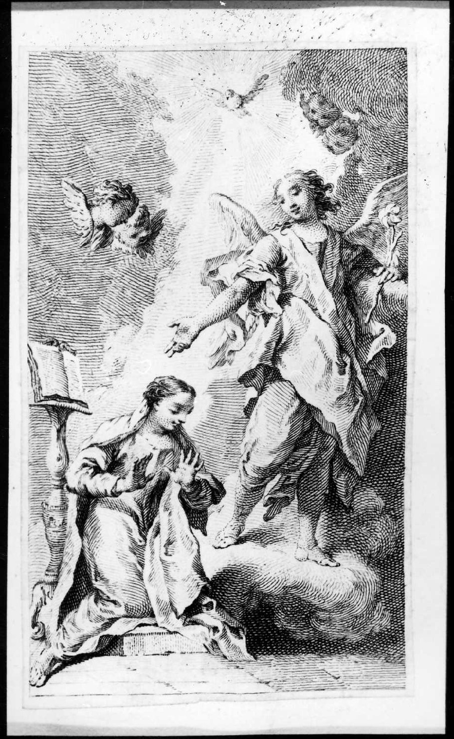 Annunciazione (stampa smarginata, stampa composita) di Piazzetta Giovanni Battista, Bartolozzi Francesco (sec. XVIII)