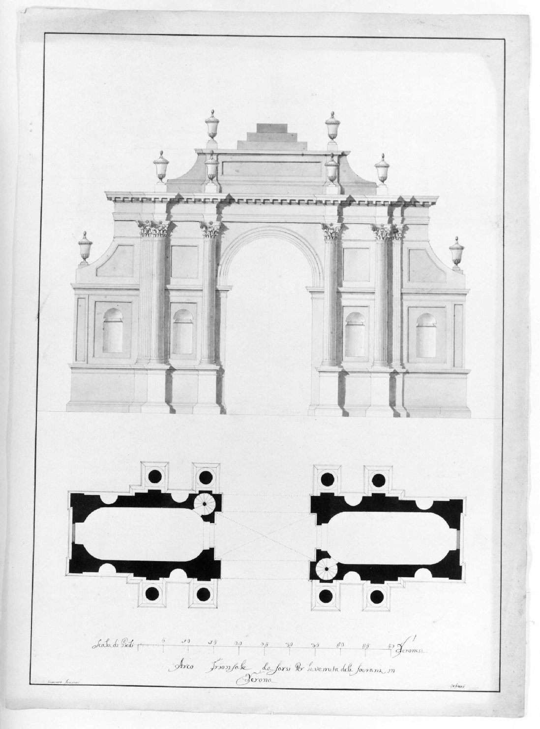 prospetto e pianta di arco trionfale (disegno) di Avesani Gaetano (primo quarto sec. XIX)