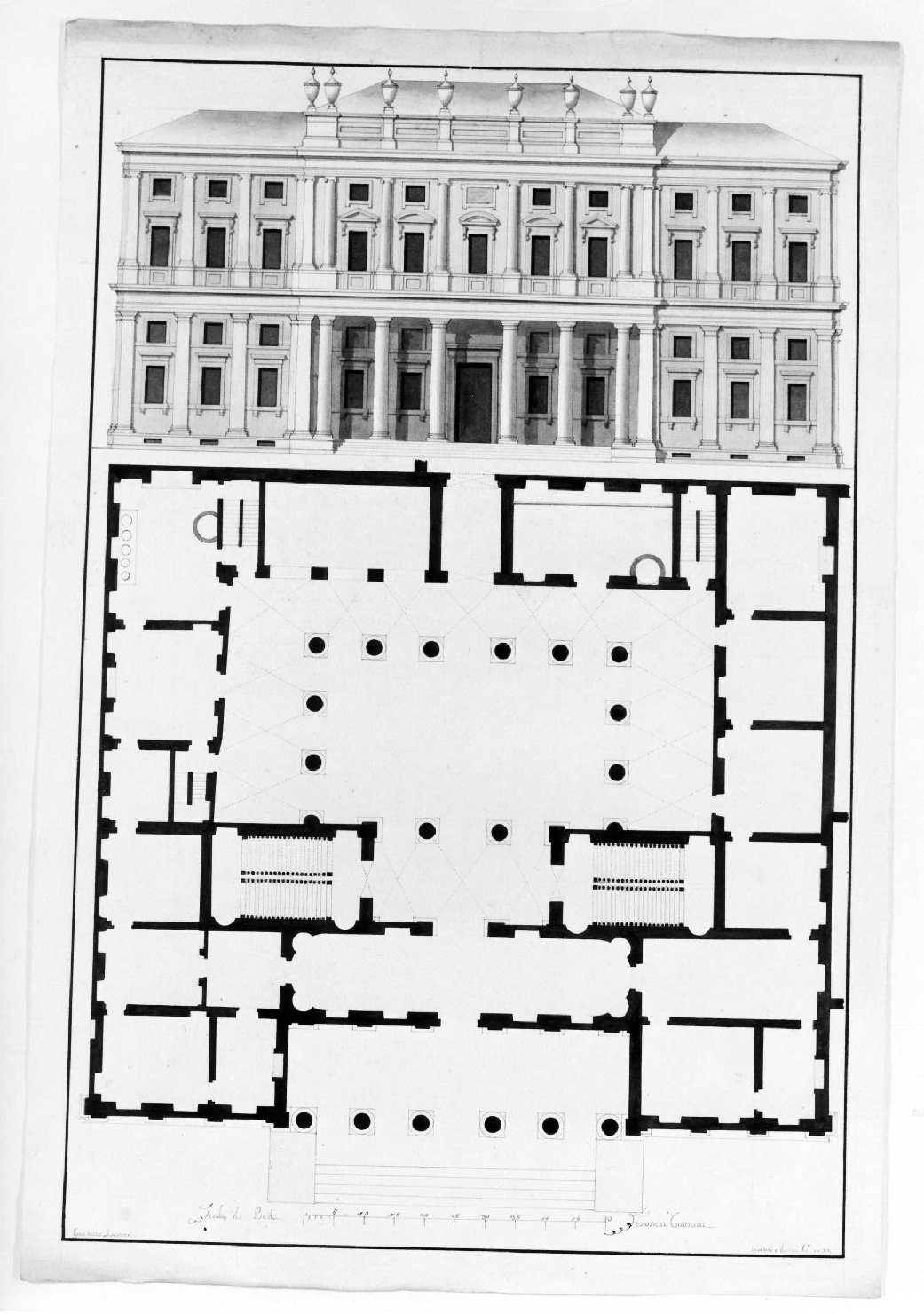 prospetto e pianta di edificio (disegno) di Avesani Gaetano (sec. XIX)