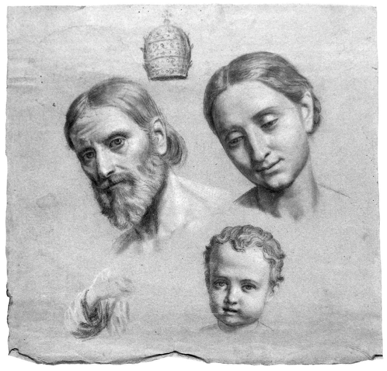 teste, tiara e panneggio (disegno) di Recchia Angelo (metà sec. XIX)