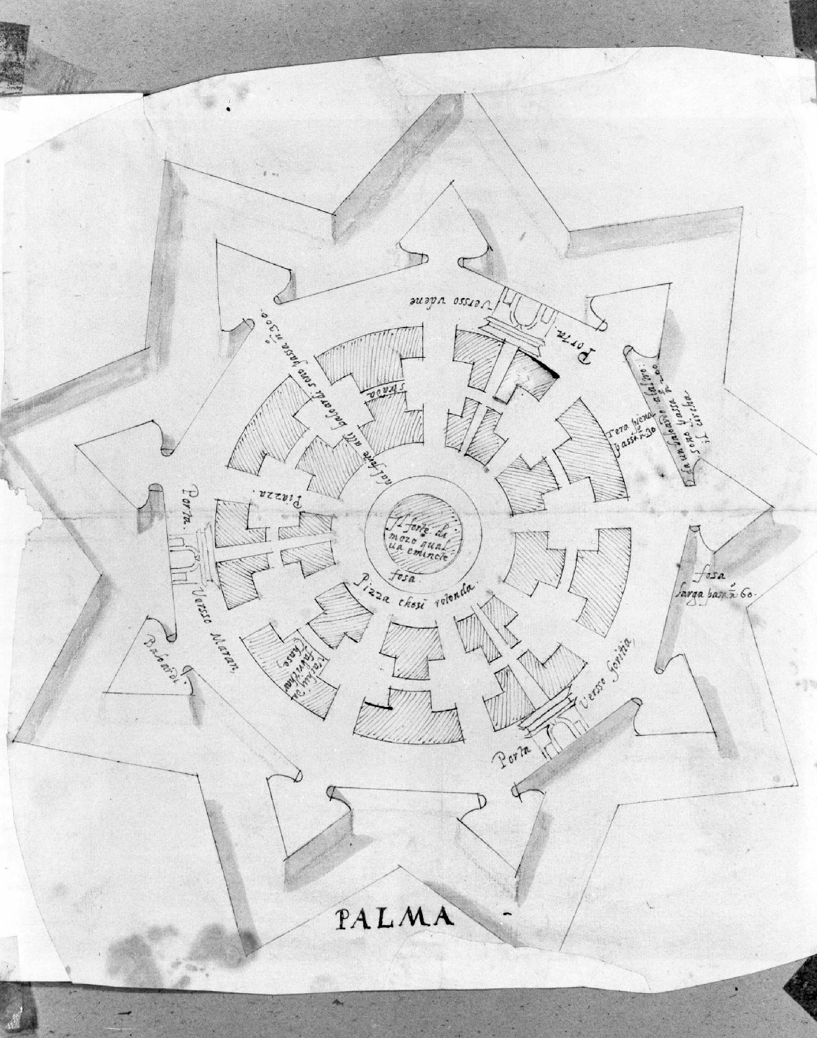 pianta di Palmanova (disegno) di Farinati Paolo (bottega) (sec. XVI)