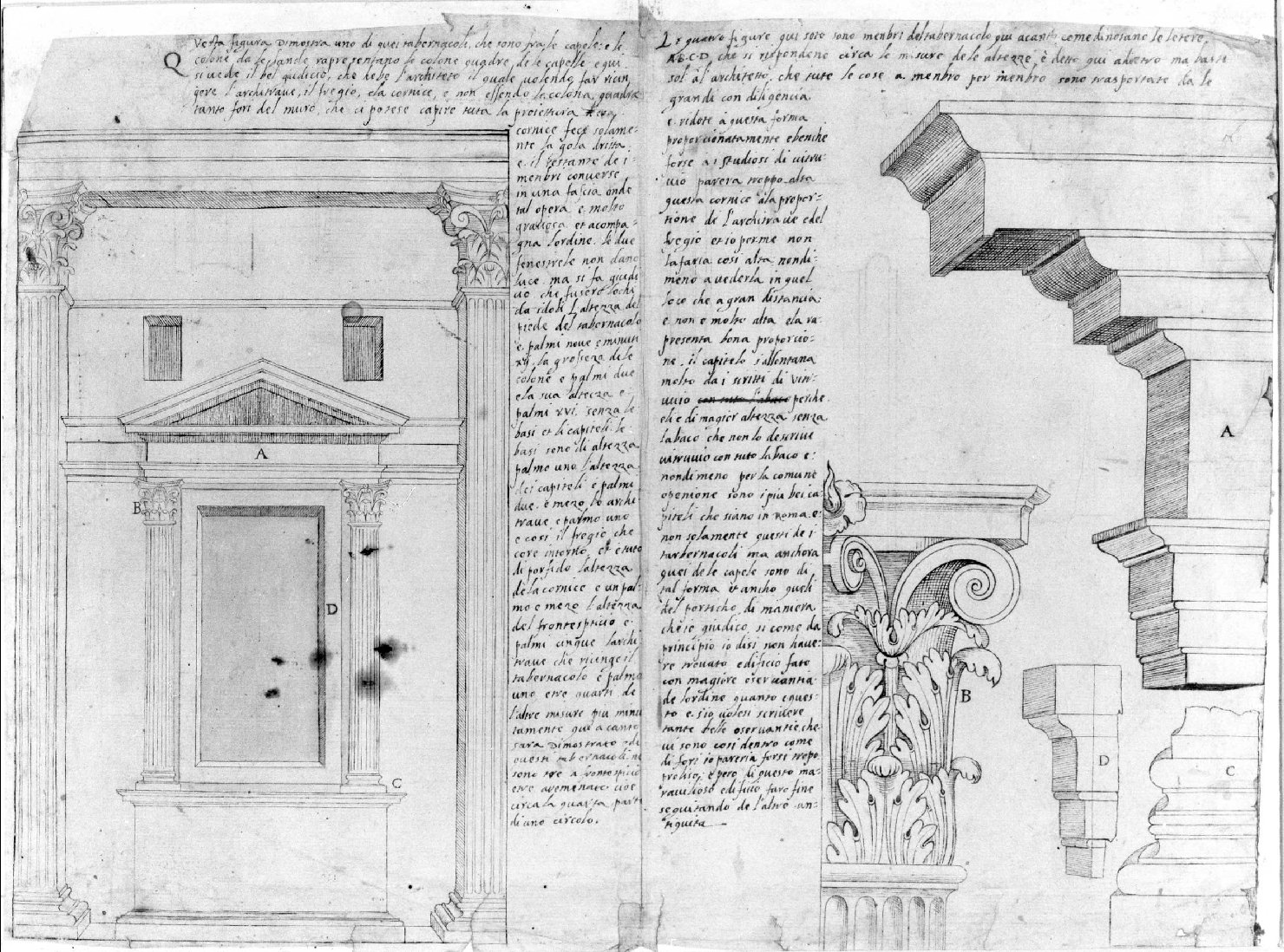 prospetto e dettagli dell'ordine di uno dei tabernacoli del Pantheon (disegno) di Farinati Paolo (bottega) (sec. XVI)
