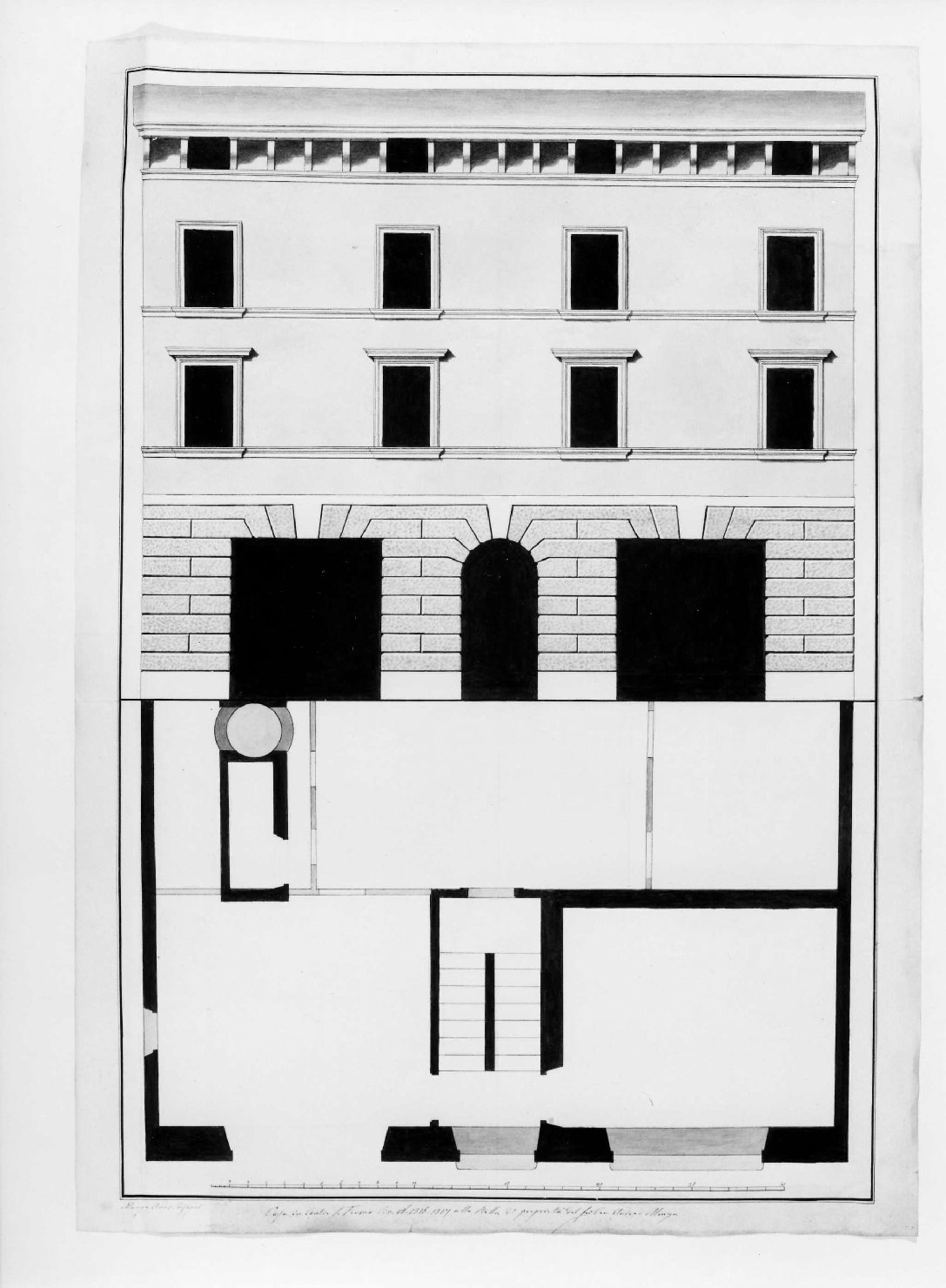 prospetto e pianta di casa Monga a Verona (disegno, serie) di Monga Andrea (prima metà sec. XIX)