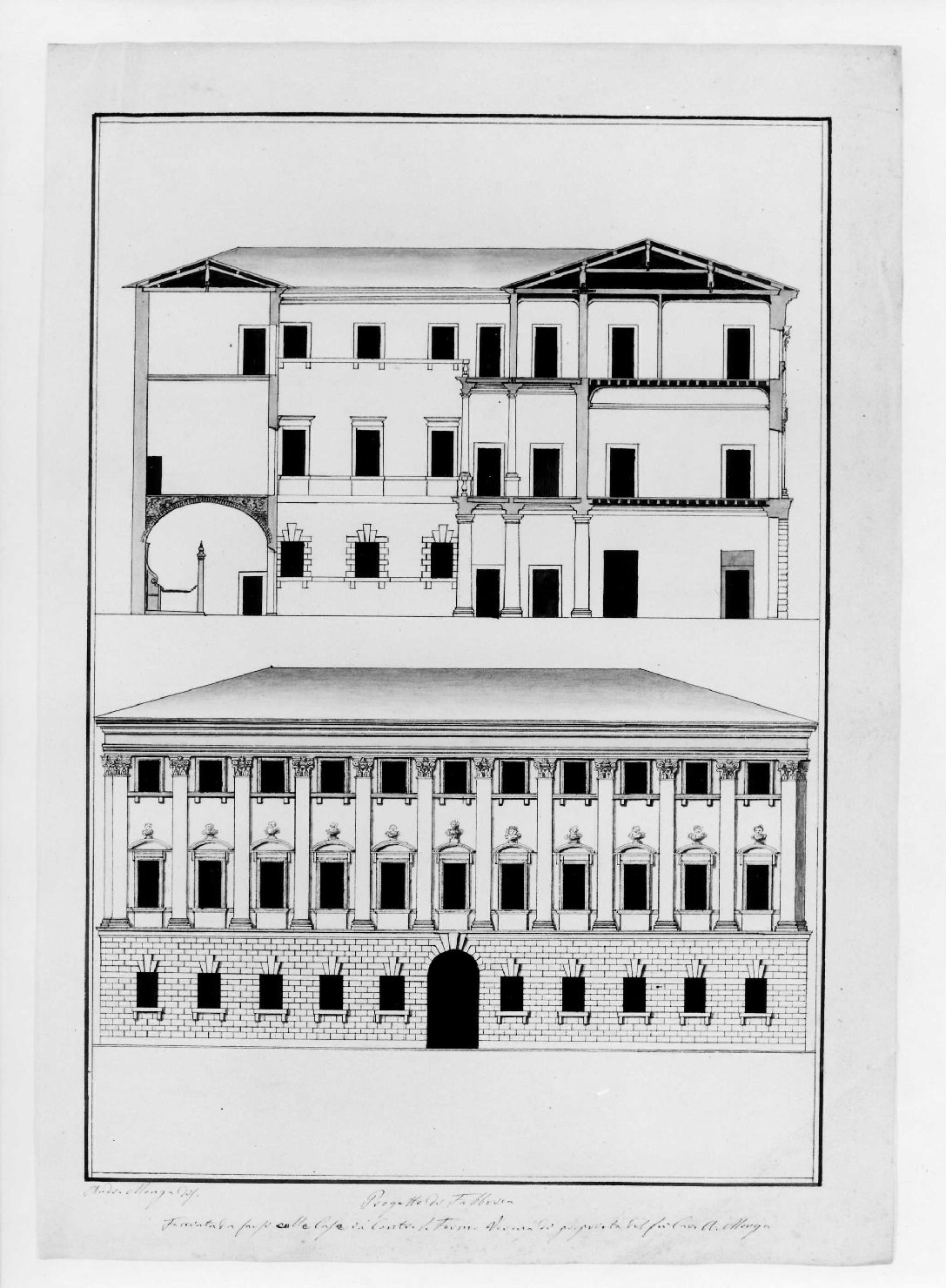 prospetto e sezione di edificio (disegno, serie) di Monga Andrea (prima metà sec. XIX)