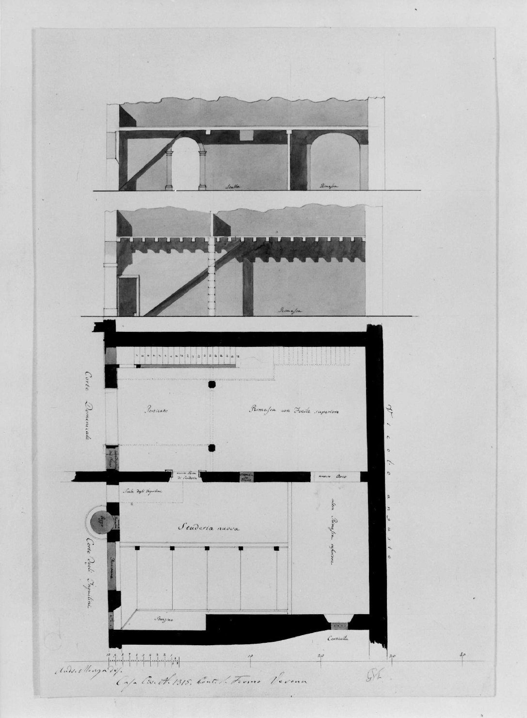 pianta e sezione di edificio (disegno, serie) di Monga Andrea (prima metà sec. XIX)