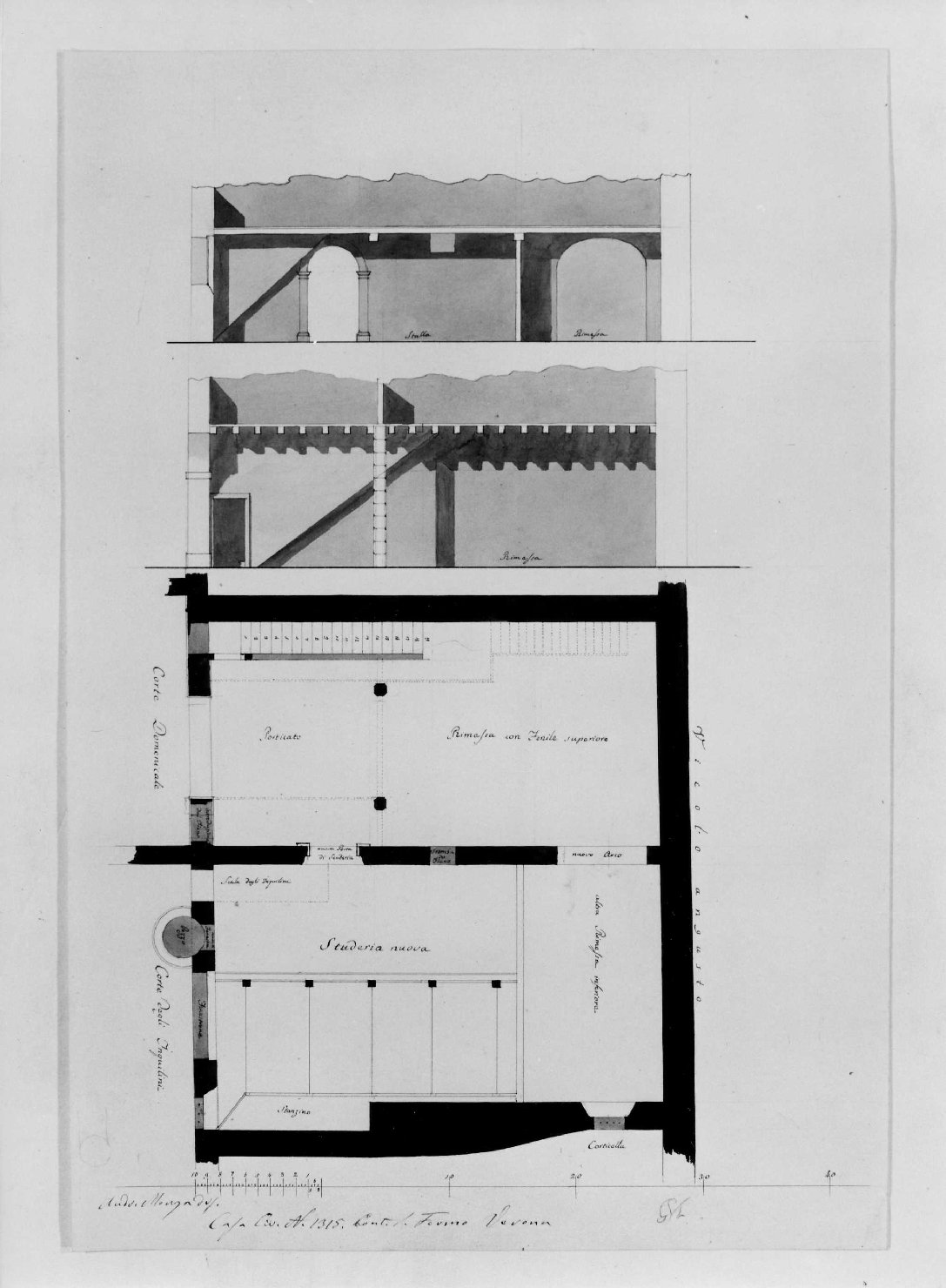 pianta e sezione di edificio (disegno, serie) di Monga Andrea (prima metà sec. XIX)