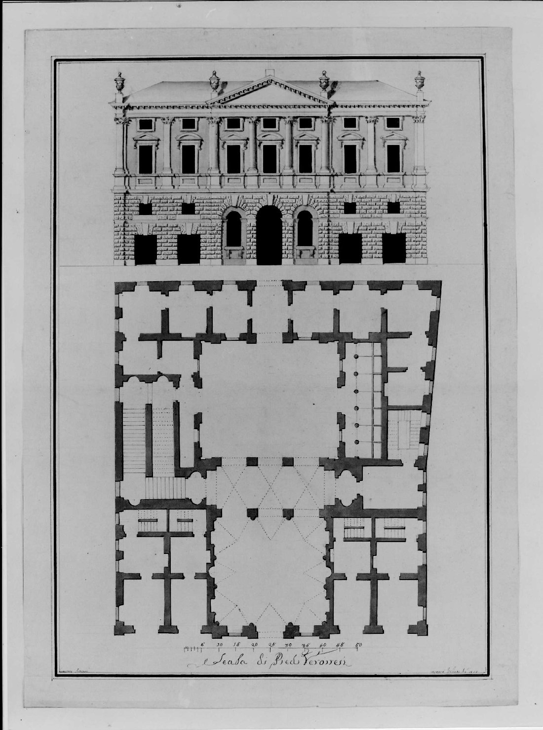 prospetto e pianta di edificio (disegno) di Avesani Gaetano (sec. XIX)