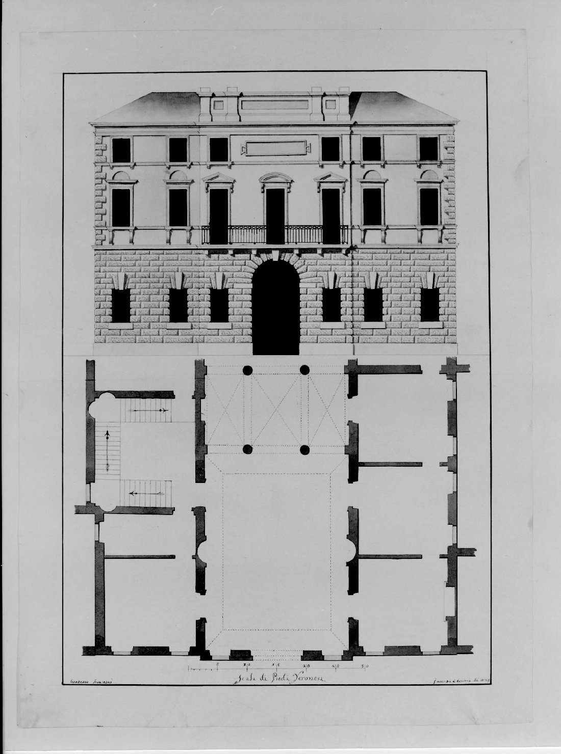 prospetto e pianta di edificio (disegno) di Avesani Gaetano (sec. XIX)