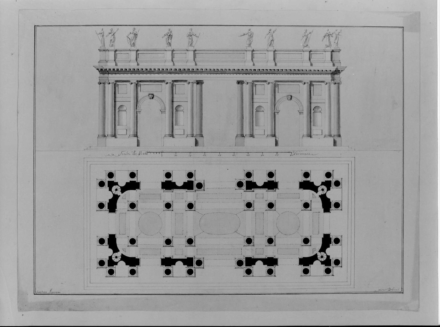 prospetto e pianta di edificio (disegno) di Avesani Gaetano (prima metà sec. XIX)