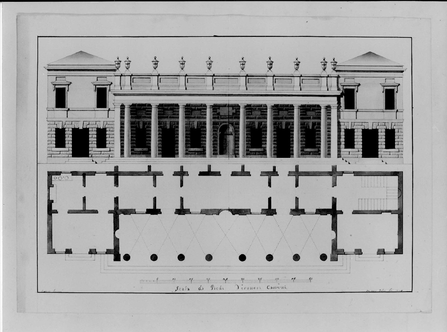 prospetto e pianta di edificio (disegno) di Avesani Gaetano (sec. XIX)
