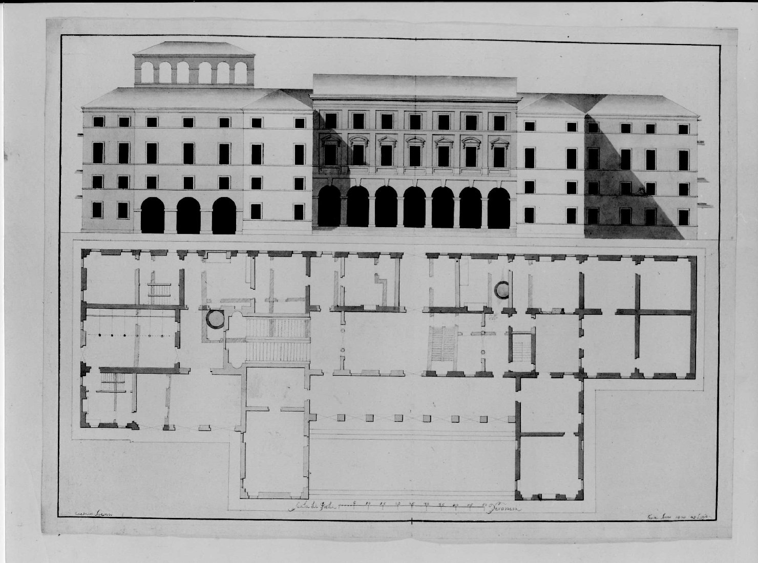 prospetto e pianta di edificio (disegno) di Avesani Gaetano (sec. XIX)