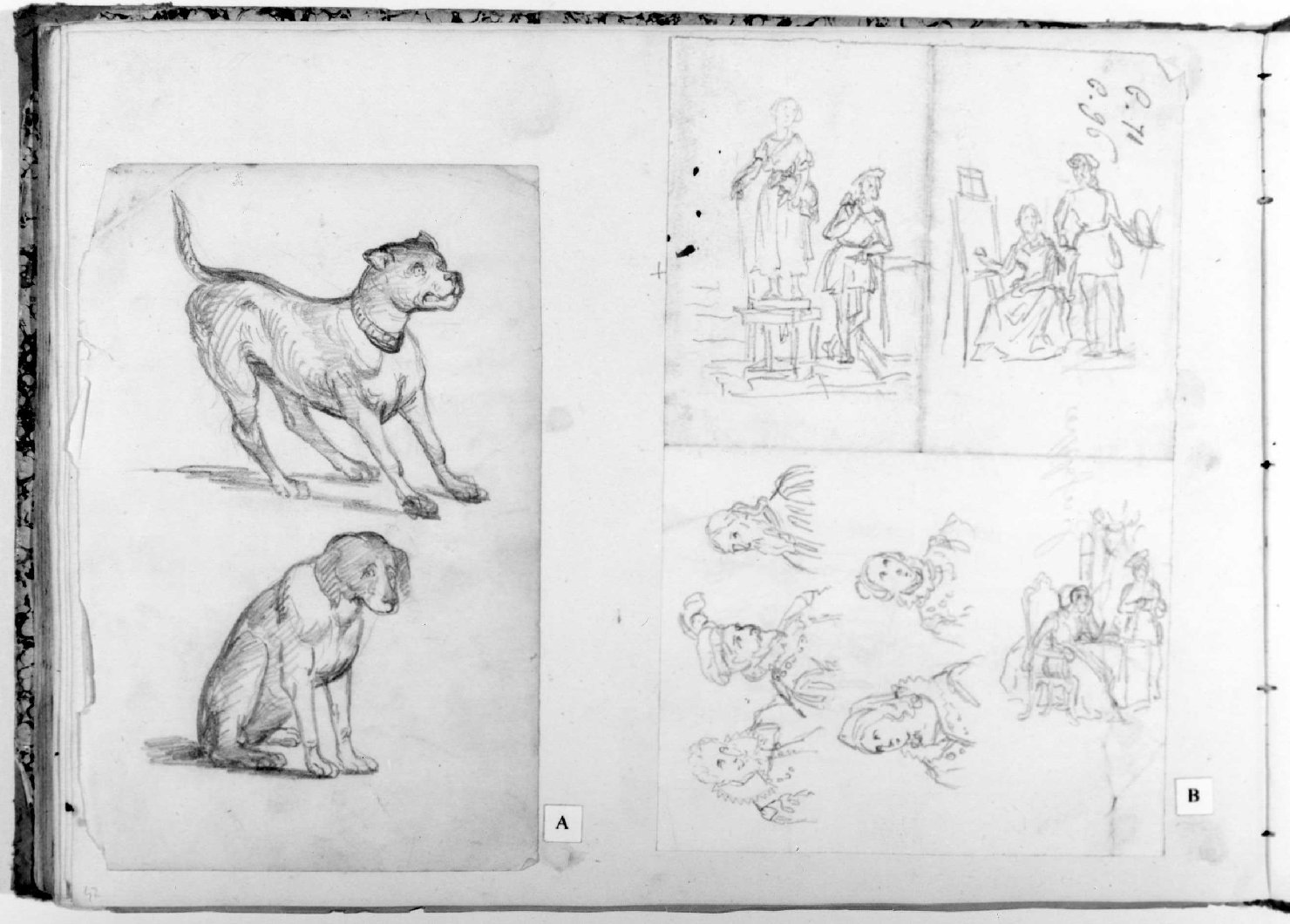 studio dello scultore, studio del pittore, figure maschili e femminili (disegno, serie) di Recchia Angelo (metà sec. XIX)