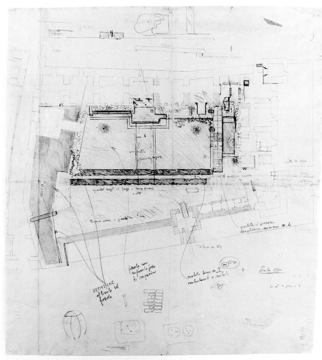 corte e giardino del Museo di Castelvecchio di Verona (disegno preparatorio) di Scarpa Carlo, Rudella Angelo (sec. XX)