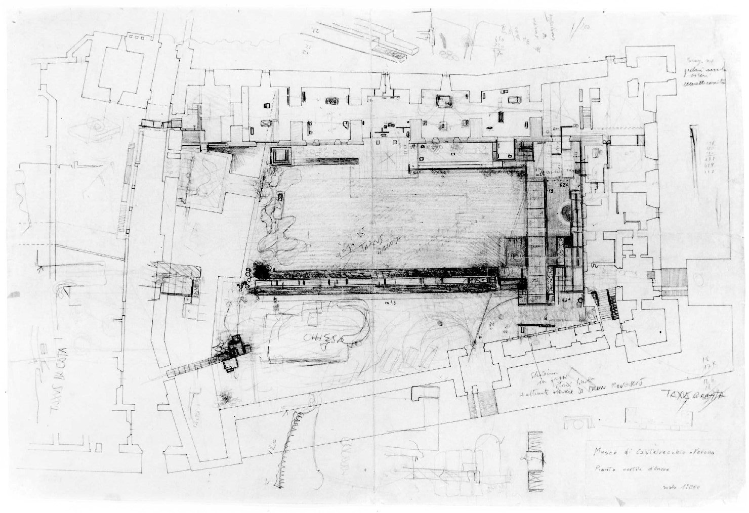 corte e giardino del Museo di Castelvecchio di Verona (disegno preparatorio) di Scarpa Carlo, Rudella Angelo (sec. XX)