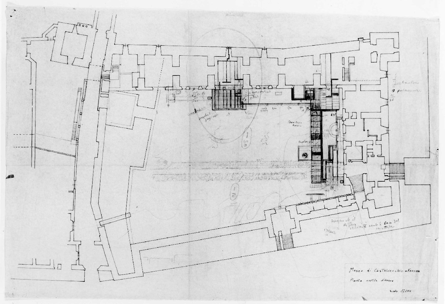 corte e giardino del Museo di Castelvecchio di Verona (disegno preparatorio) di Scarpa Carlo, Rudella Angelo (sec. XX)