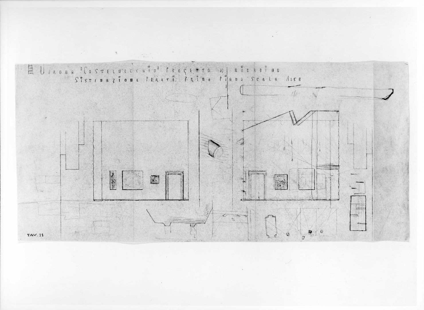 allestimento dell'ala della Galleria del Museo di Castelvecchio di Verona (disegno) di Scarpa Carlo, Rudi Arrigo (sec. XX)