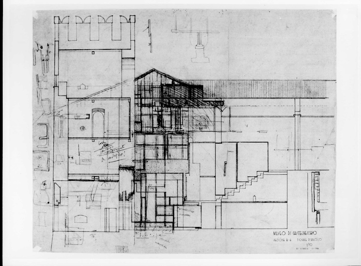 ala orientale del Museo di Castelvecchio di Verona (disegno preparatorio) di Scarpa Carlo, Rudella Angelo (sec. XX)