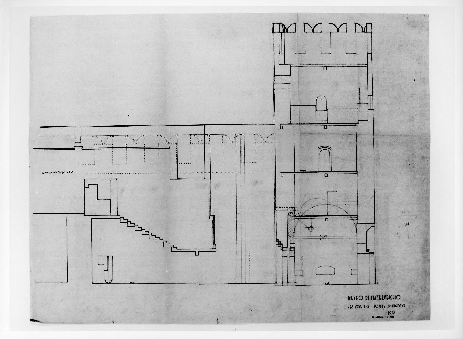 ala orientale del Museo di Castelvecchio di Verona (disegno preparatorio) di Scarpa Carlo, Rudella Angelo (sec. XX)