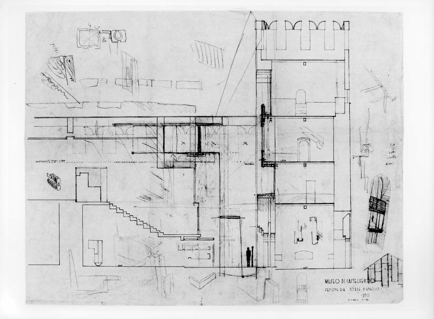 ala orientale del Museo di Castelvecchio di Verona (disegno preparatorio) di Scarpa Carlo, Rudella Angelo (sec. XX)