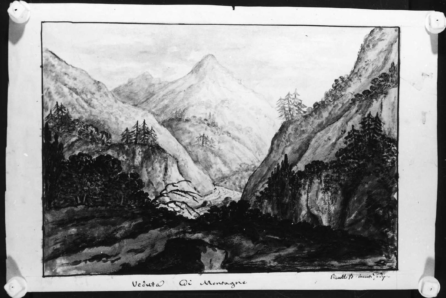 Veduta di montagne, paesaggio montano (disegno) di Picutti Bartolomeo (sec. XIX)