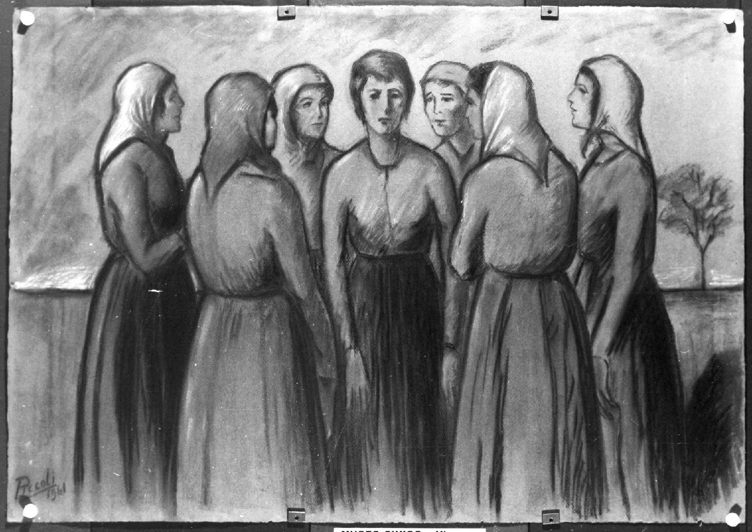 figure femminili a colloquio (disegno) di Piccoli Domenico Stanislao (sec. XX)