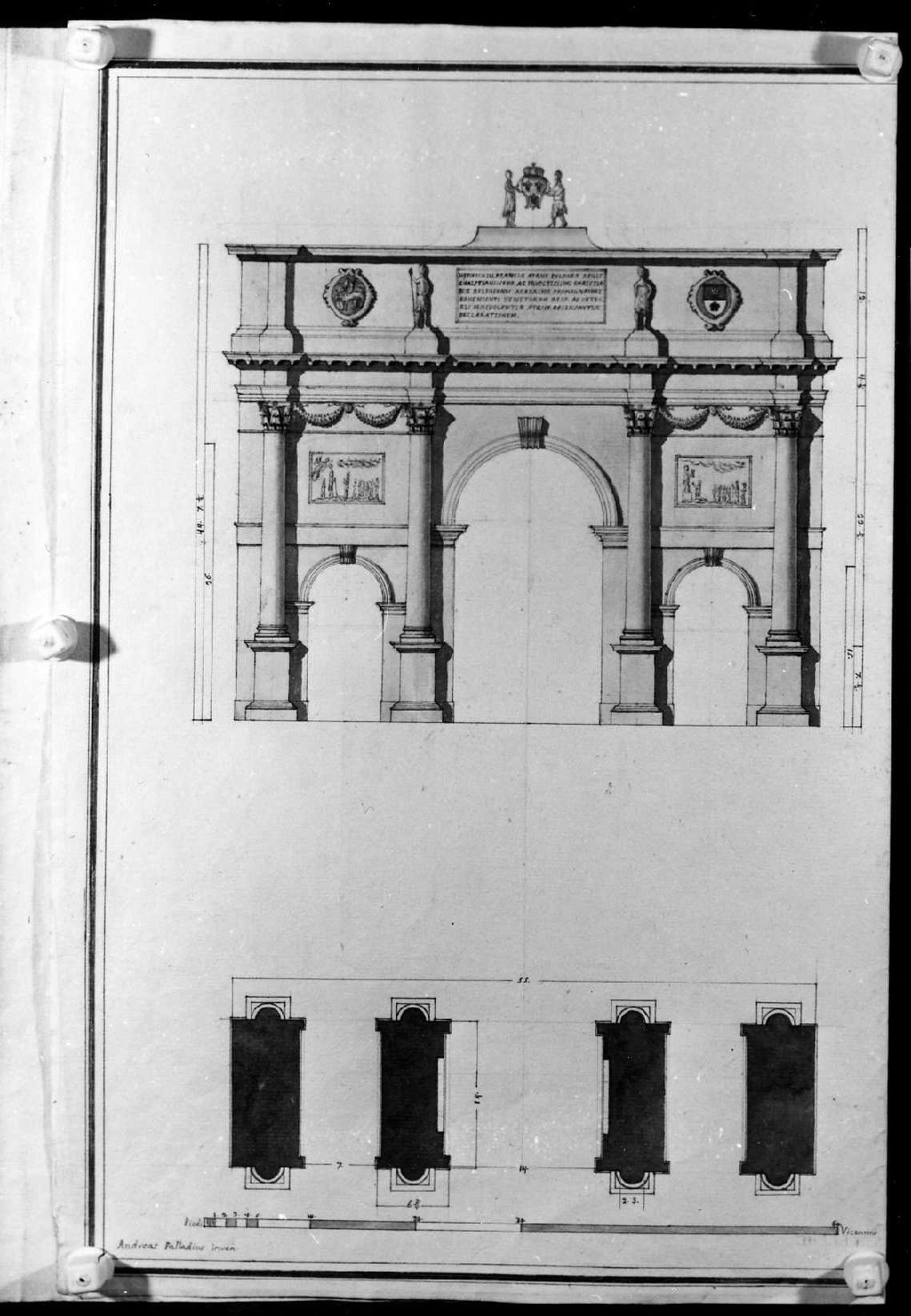 arco trionfale e tempio classico (disegno) di Piovene Antonio (sec. XIX)