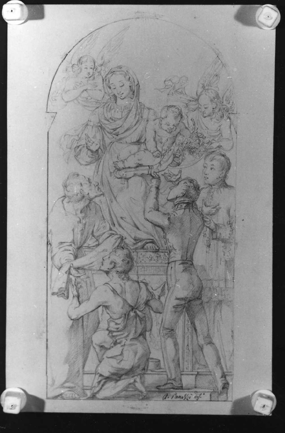 Madonna con Bambino, santi e devoti (disegno) di Panozzi Agostino (sec. XIX)