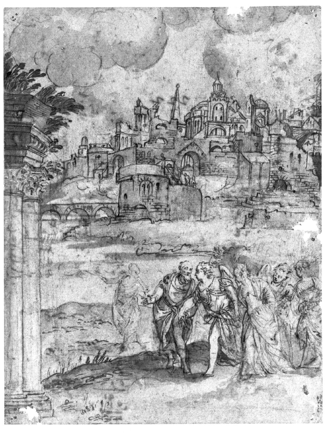 Lot e la famiglia in fuga da Sodoma (disegno) di Caliari Carlo detto Caliari Carletto (fine sec. XVI)