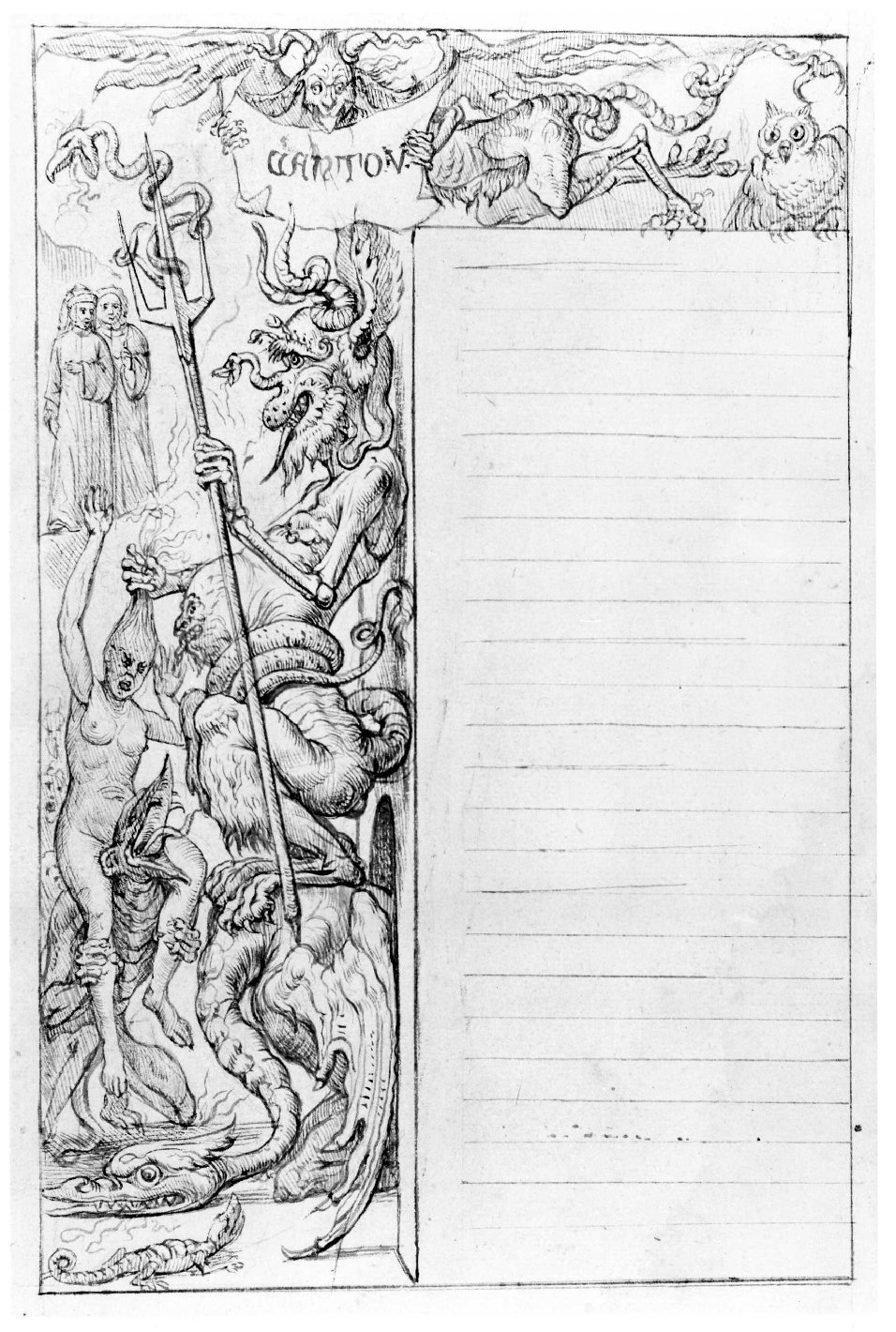 Dante, Virgilio e Minosse (disegno) di Nanin Pietro (metà sec. XIX)