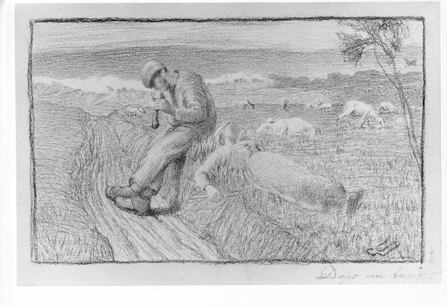 Dopo un bacio, paesaggio rurale (disegno) di Segantini Giovanni (sec. XIX)