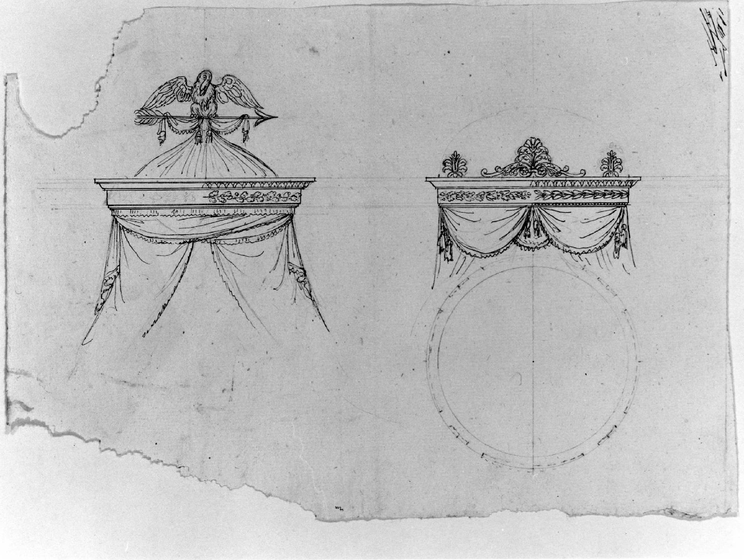 coronamento di letto a baldacchino (disegno) - ambito Italia settentrionale (inizio sec. XIX)