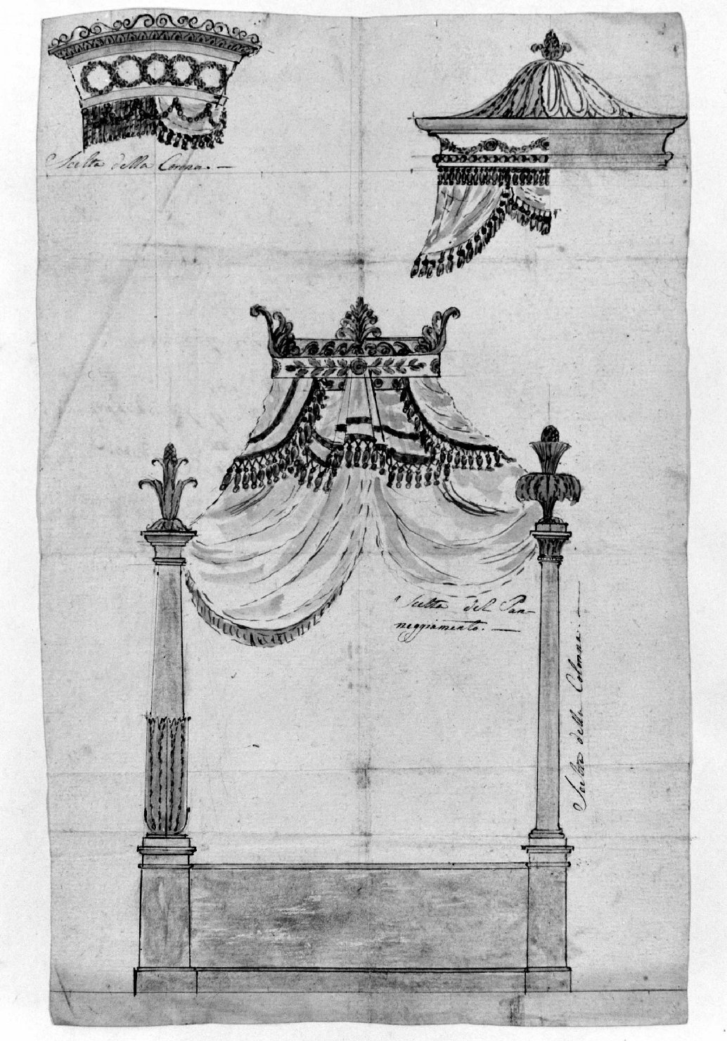 coronamento di letto a baldacchino (disegno) - ambito Italia settentrionale (inizio sec. XIX)
