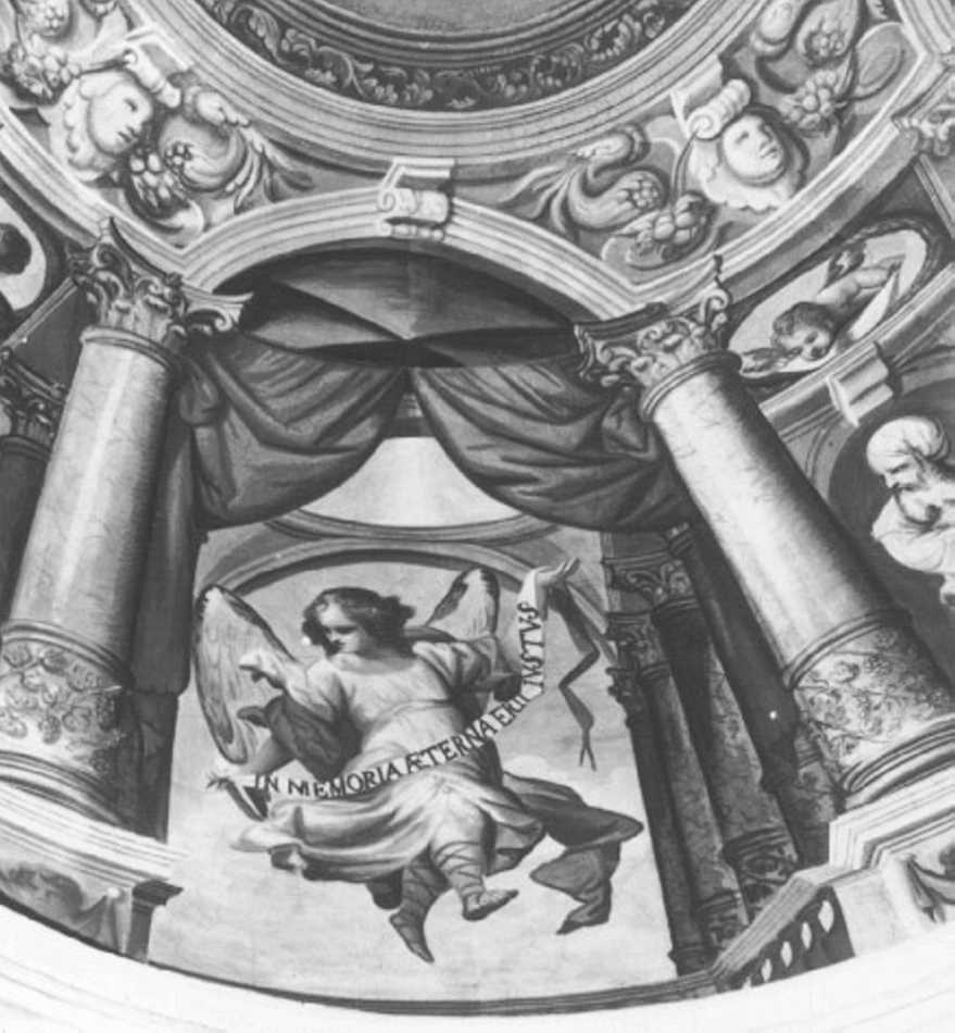 angelo con cartiglio (dipinto, elemento d'insieme) di Barbieri Francesco detto Sfrisato (attribuito) (sec. XVII)