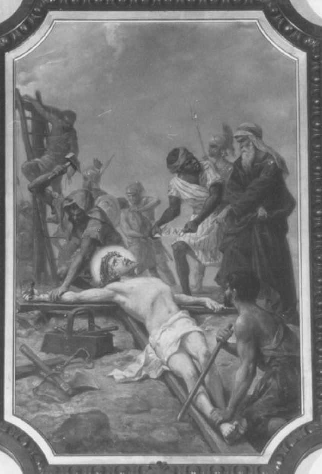 stazione XI: Gesù inchiodato alla croce (dipinto, elemento d'insieme) di Morgari Luigi (secc. XIX/ XX)