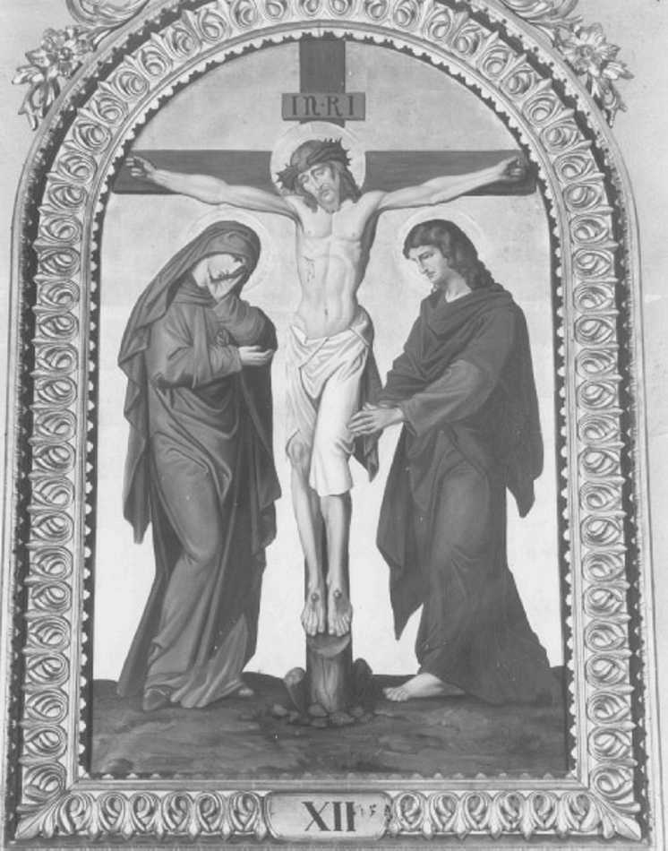 stazione XII: Gesù innalzato e morto in croce (dipinto) di Faccin Giuseppe (sec. XX)