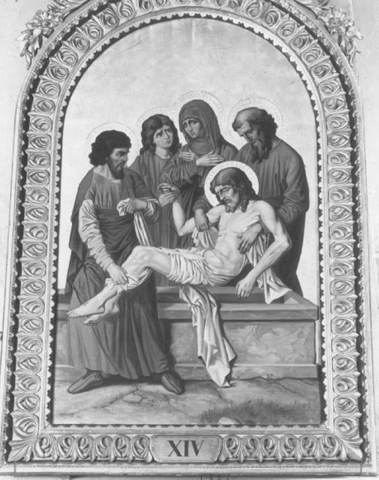 stazione XIV: Gesù deposto nel sepolcro (dipinto) di Faccin Giuseppe (sec. XX)