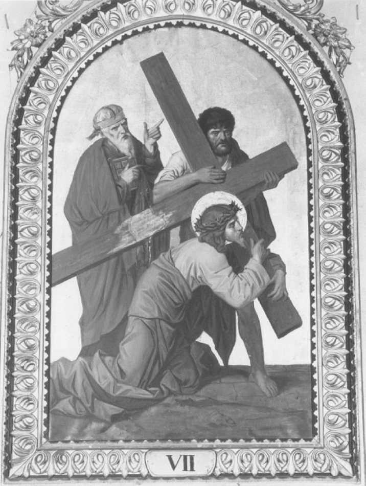 stazione VII: Gesù cade sotto la croce la seconda volta (dipinto) di Faccin Giuseppe (sec. XX)