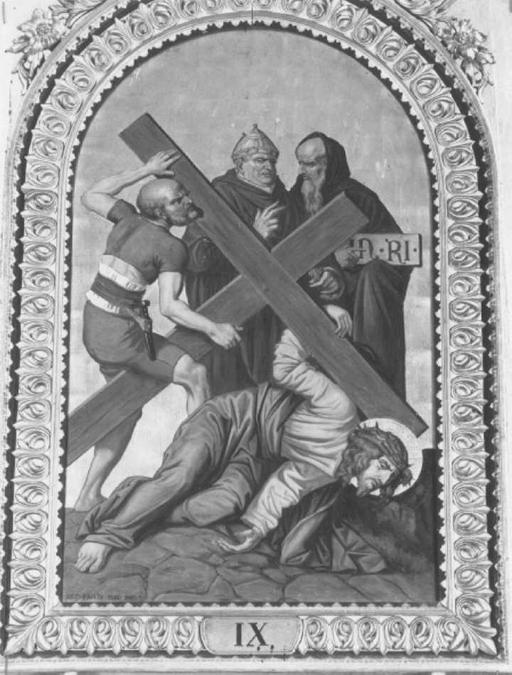 stazione XI: Gesù inchiodato alla croce (dipinto) di Faccin Giuseppe (sec. XX)