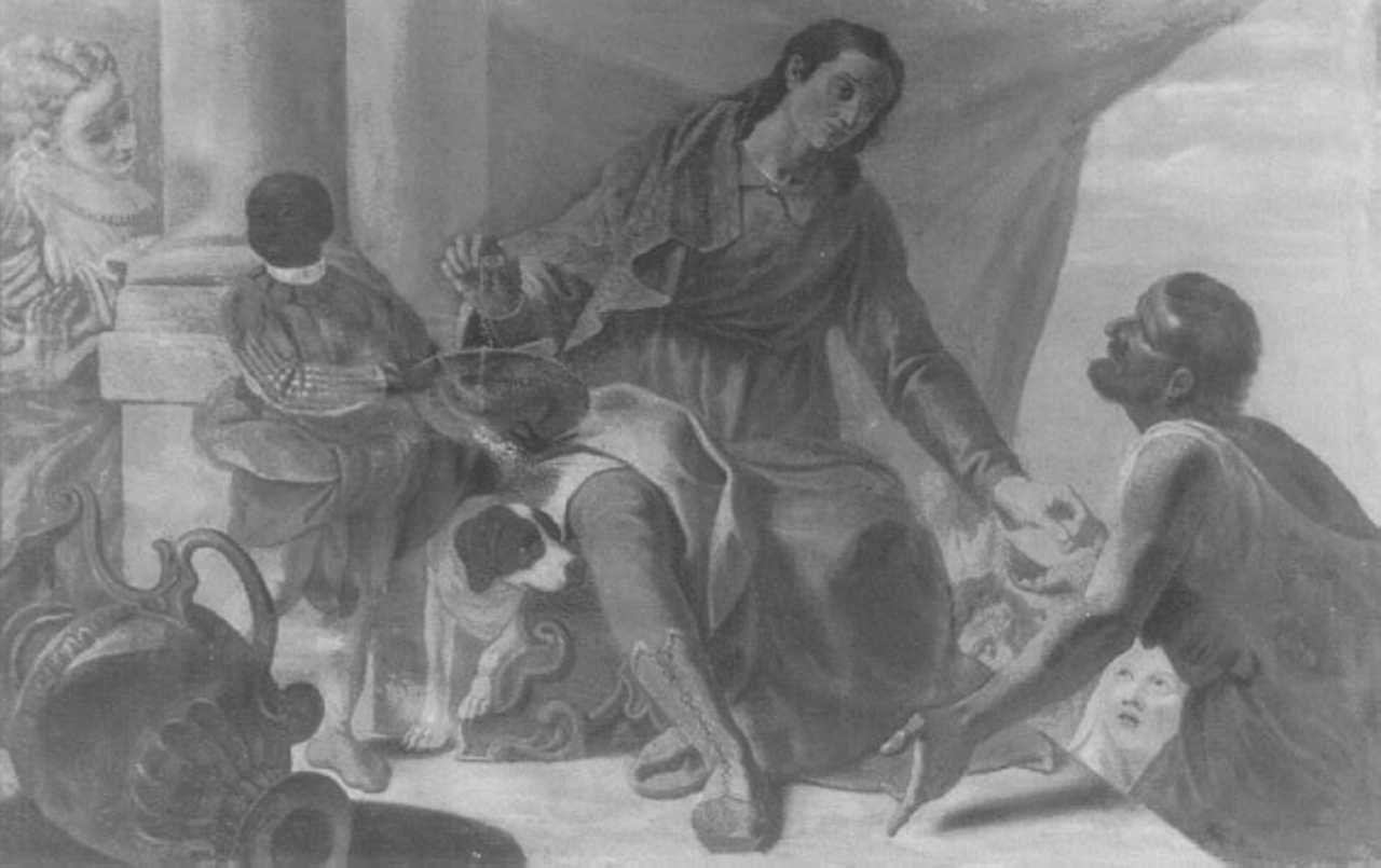 San Rocco distribuisce i suoi beni ai poveri (dipinto) - ambito veneto (sec. XVIII)