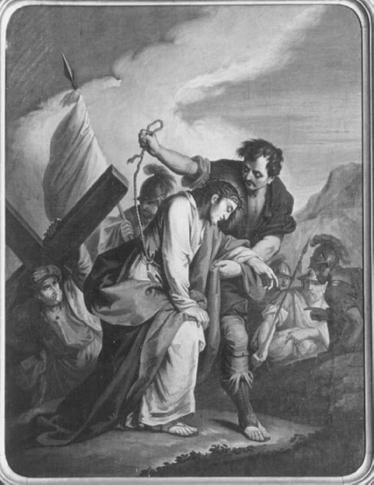 Cristo aiutato da Simone il Cireneo a portare la croce (dipinto) di Recchia Angelo (sec. XIX)