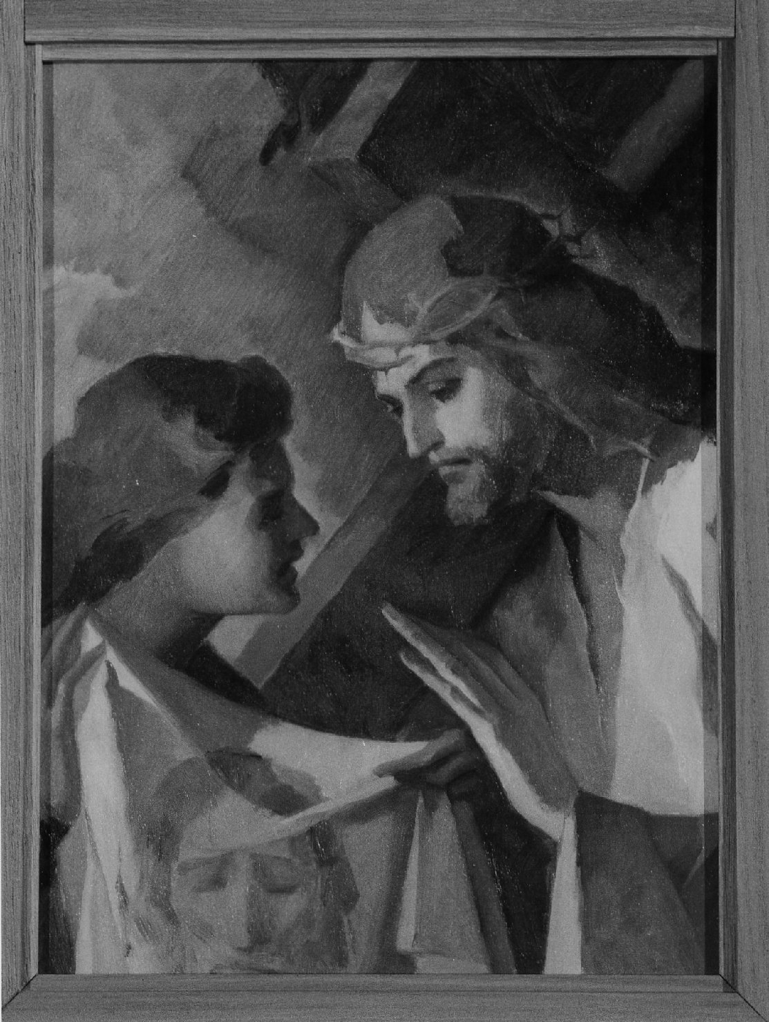 La Veronica asciuga il volto di Gesù, stazioni della via crucis (dipinto, serie) di Modolo Giuseppe (sec. XX)