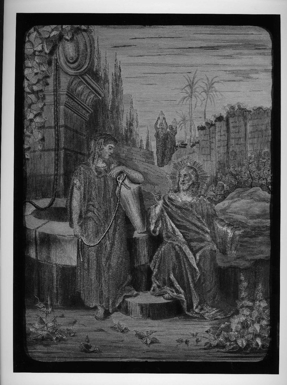 Cristo e la samaritana al pozzo (decorazione a ricamo, opera isolata) di Tava Amalia (sec. XIX)
