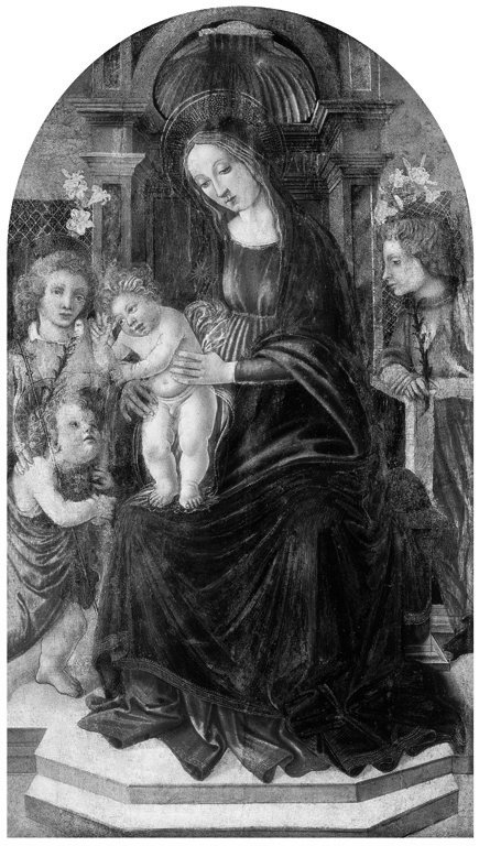 Madonna con Bambino in trono con San Giovannino e angeli (dipinto, opera isolata) di Lippi Filippino (cerchia) (seconda metà sec. XV)