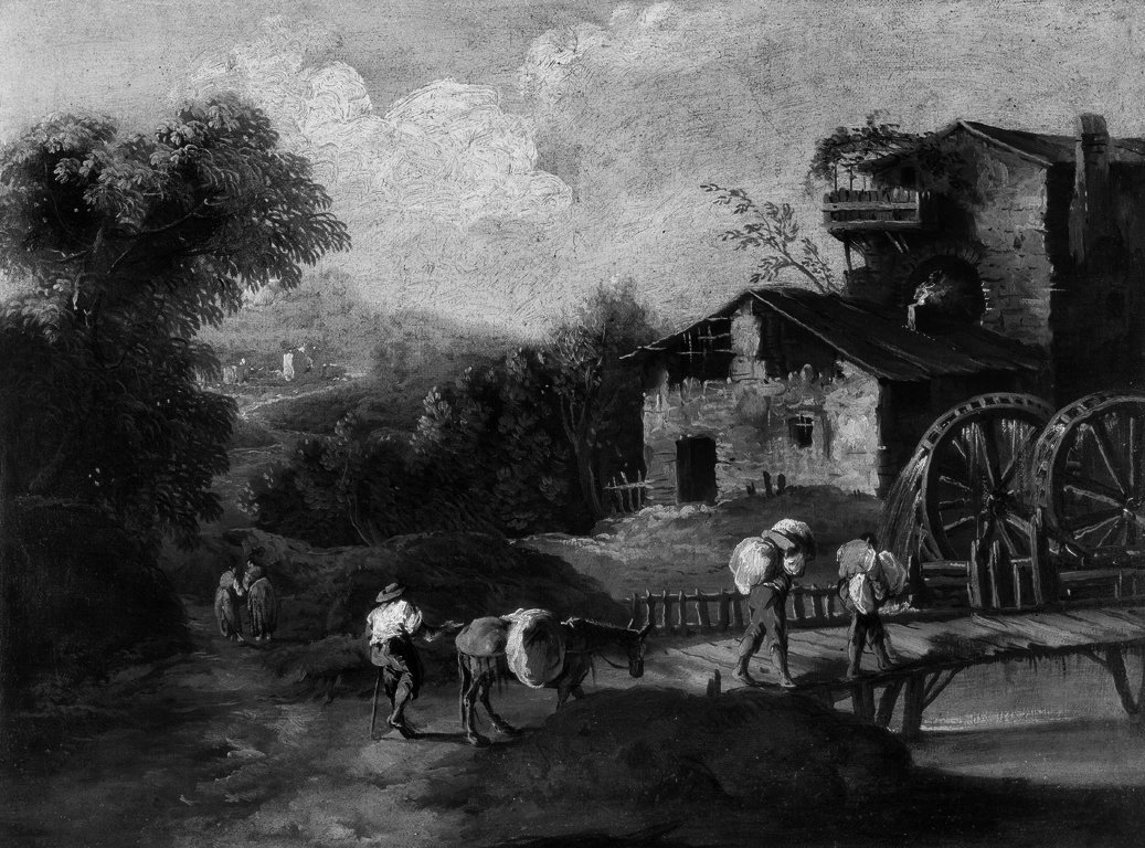 paesaggio fluviale (dipinto, pendant) di Diziani Antonio (attribuito) (sec. XVIII)