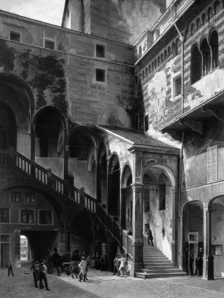 veduta della scala del cortile del Mercato Vecchio a Verona (dipinto, opera isolata) di Ferrari Giuseppe (sec. XIX)