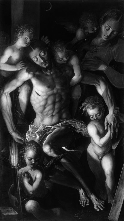 Cristo in pietà sorretto da angeli (dipinto, opera isolata) di Piazza Paolo (fine/inizio secc. XVI/ XVII)